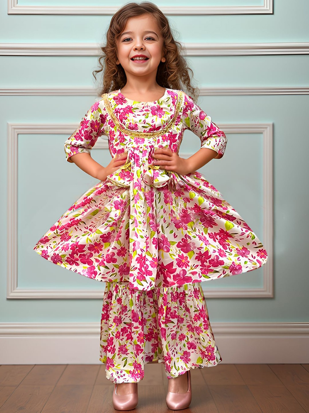 

A.T.U.N. Girls Floral Printed Empire Gotta Patti Kurti with Sharara, Pink