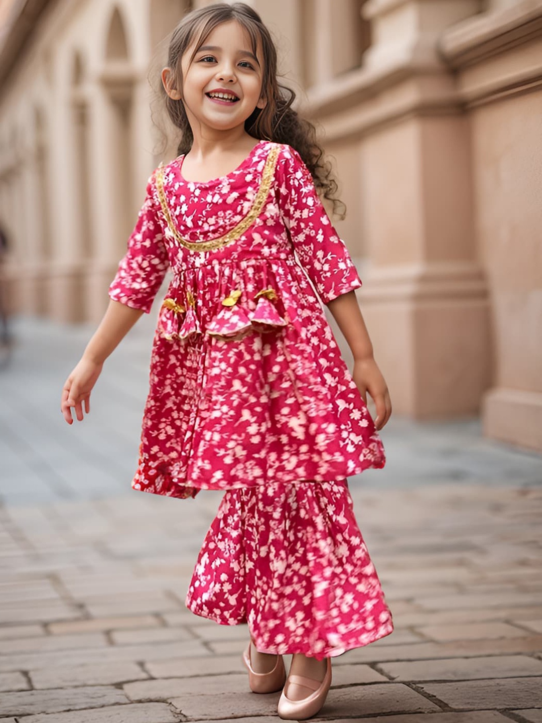 

A.T.U.N. Girls Floral Printed Pleated Gotta Patti Kurti with Sharara, Fuchsia