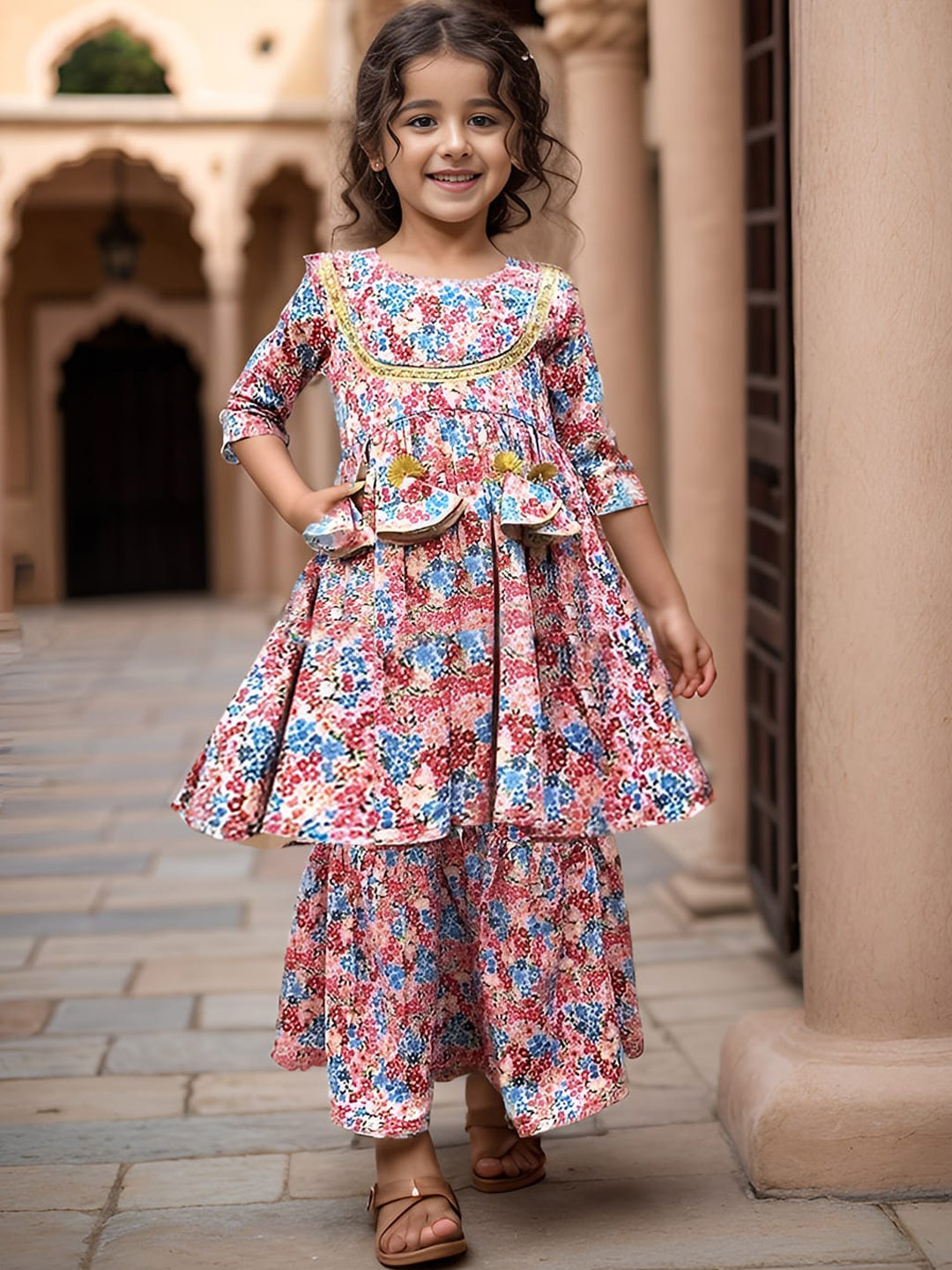 

A.T.U.N. Girls Floral Printed Regular Gotta Patti Kurta with Sharara, Lavender