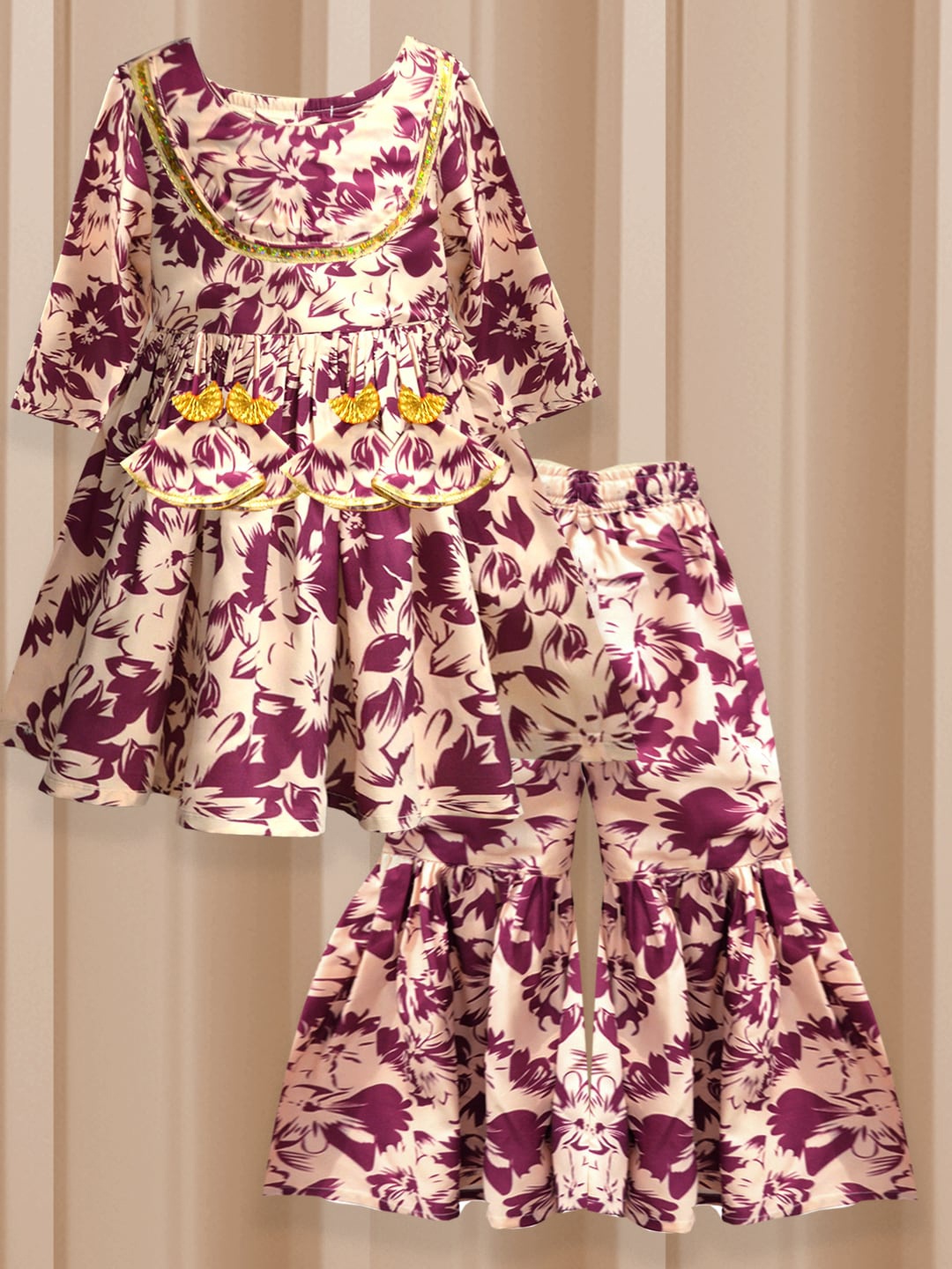 

A.T.U.N. Girls Floral Printed Pleated Gotta Patti Kurti with Sharara, Off white