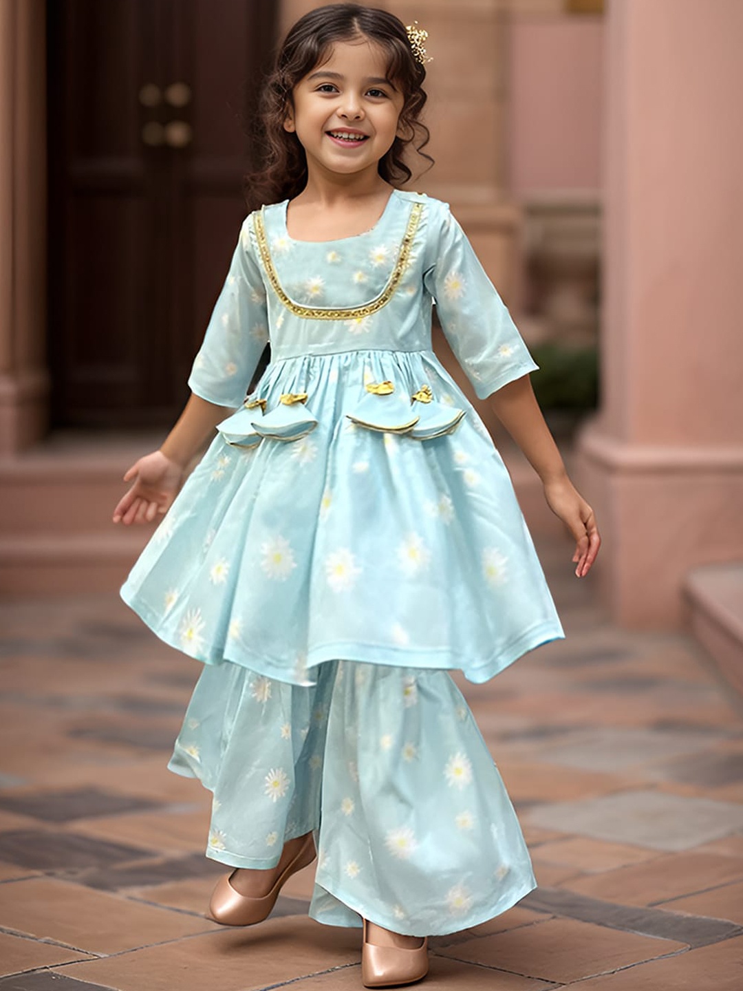 

A.T.U.N. Girls Floral Printed Regular Gotta Patti Kurti with Sharara, Blue