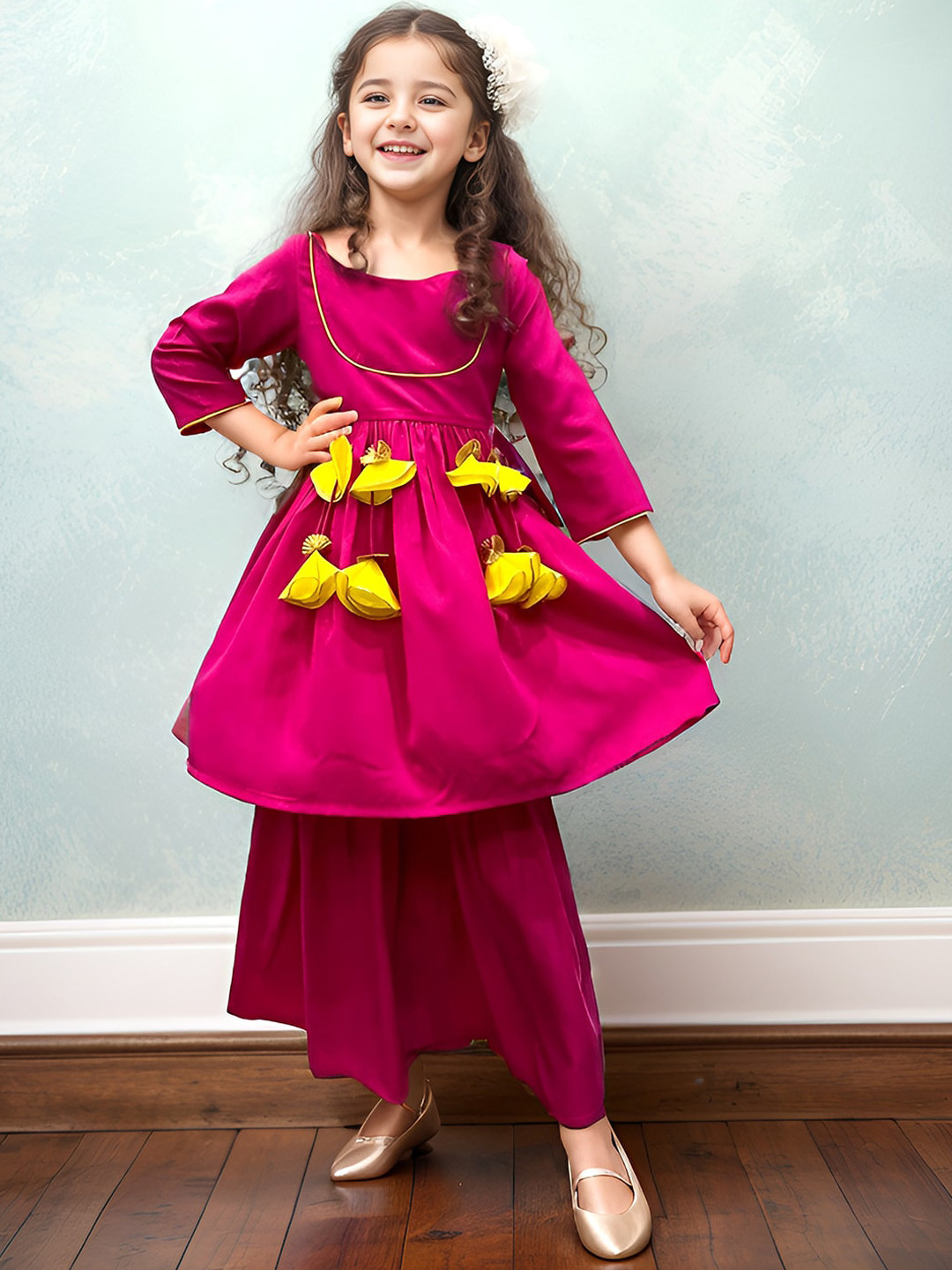 

A.T.U.N. Girls Pleated Gotta Patti Kurti with Sharara, Fuchsia
