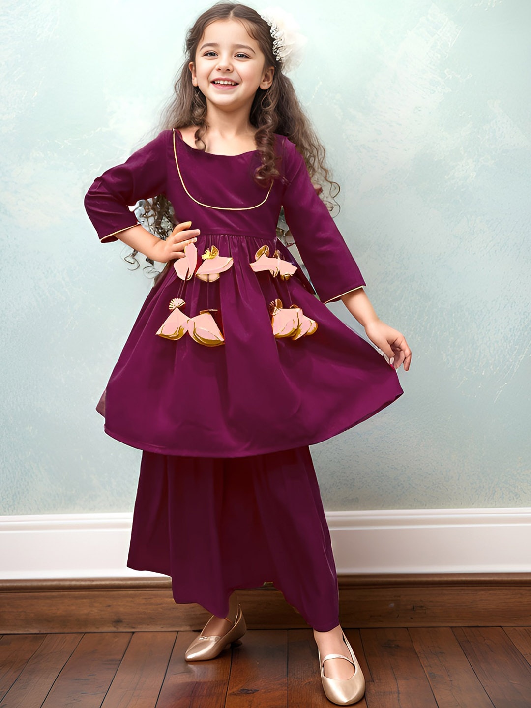

A.T.U.N. Girls Pleated Kurti with Sharara, Rose