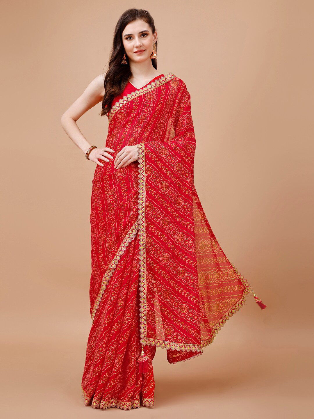 

HERE&NOW Bandhani Printed Pure Chiffon Saree, Red