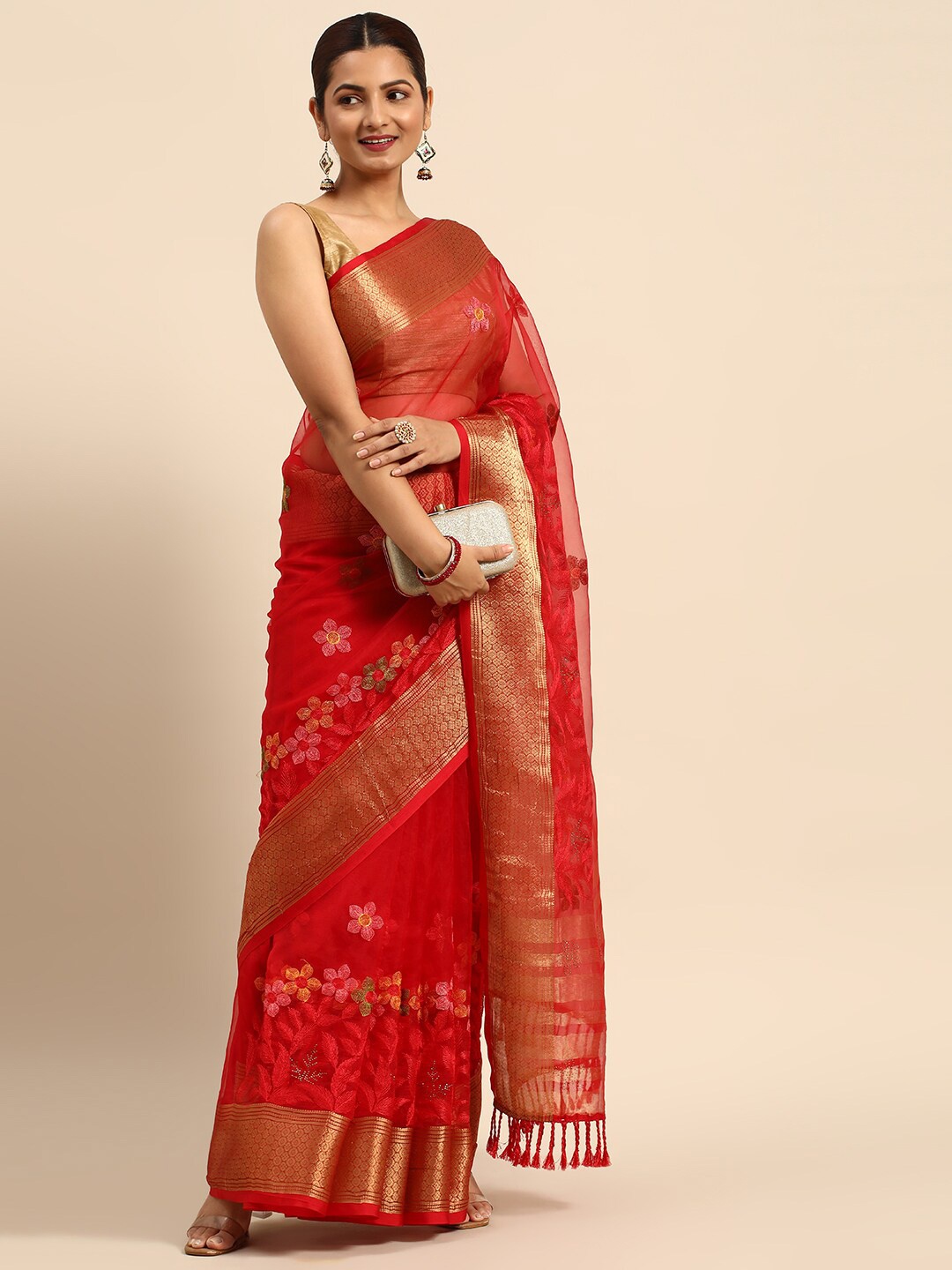 

HERE&NOW Embellished Zari Organza Saree, Red