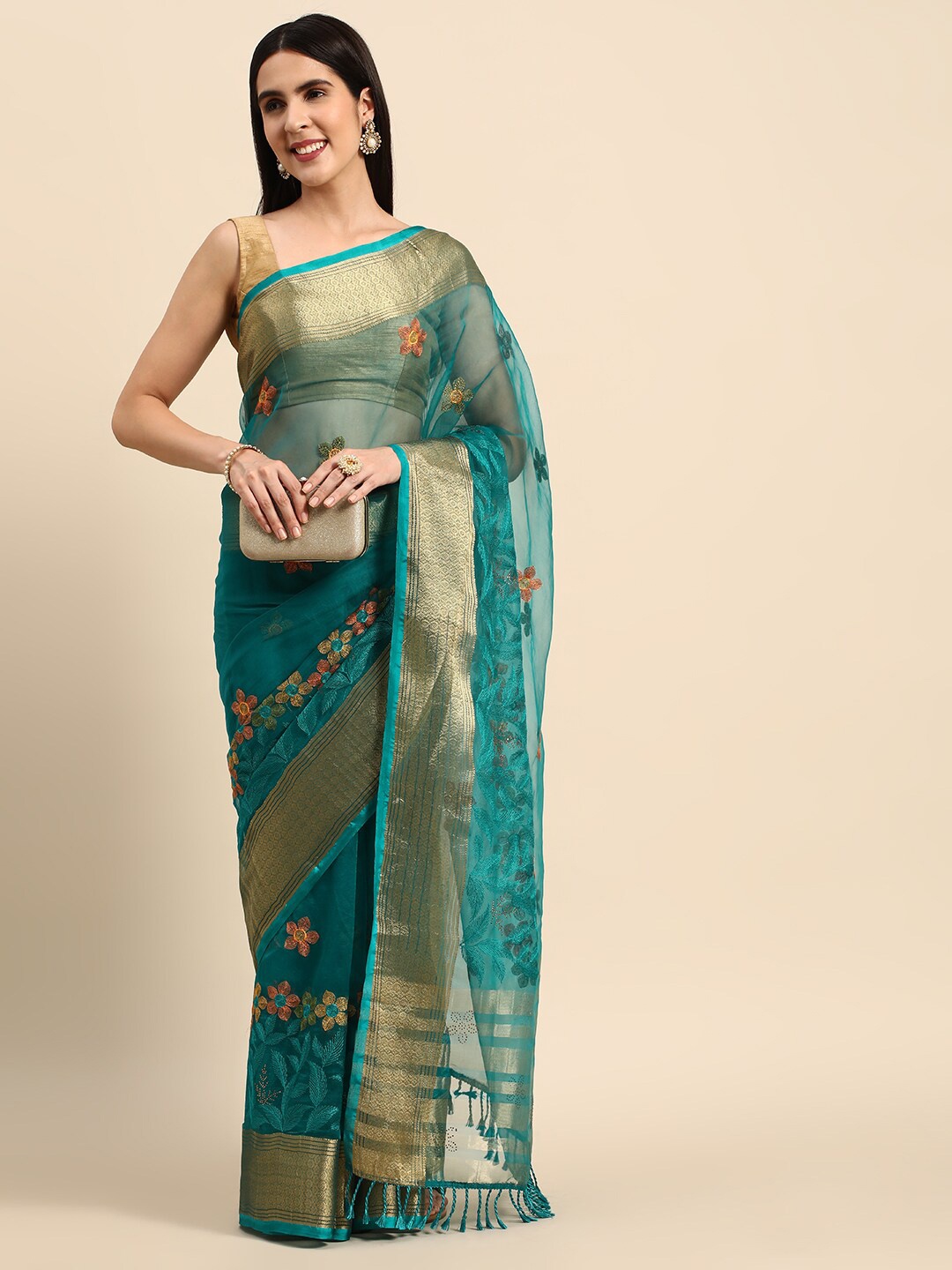 

HERE&NOW Embellished Zari Organza Saree, Turquoise blue