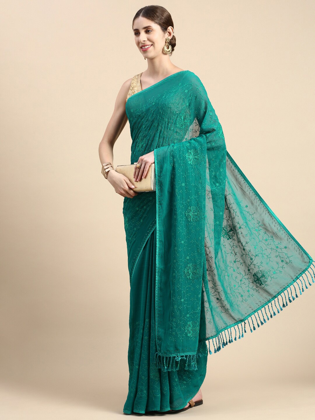 

HERE&NOW Embellished Embroidered Saree, Turquoise blue