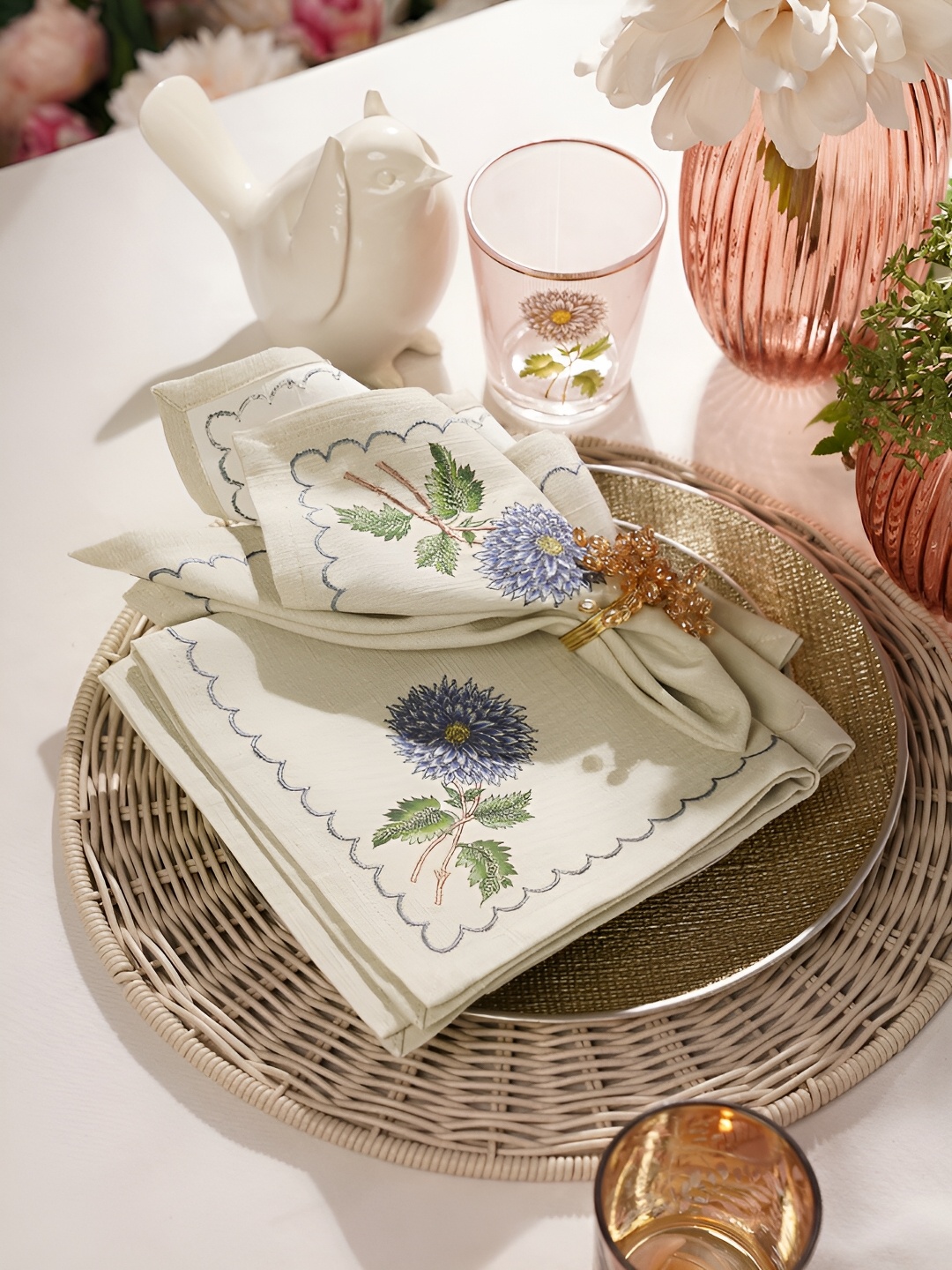 

Pure Home and Living Off White & Purple 4 Pieces Printed Cotton Table Napkins