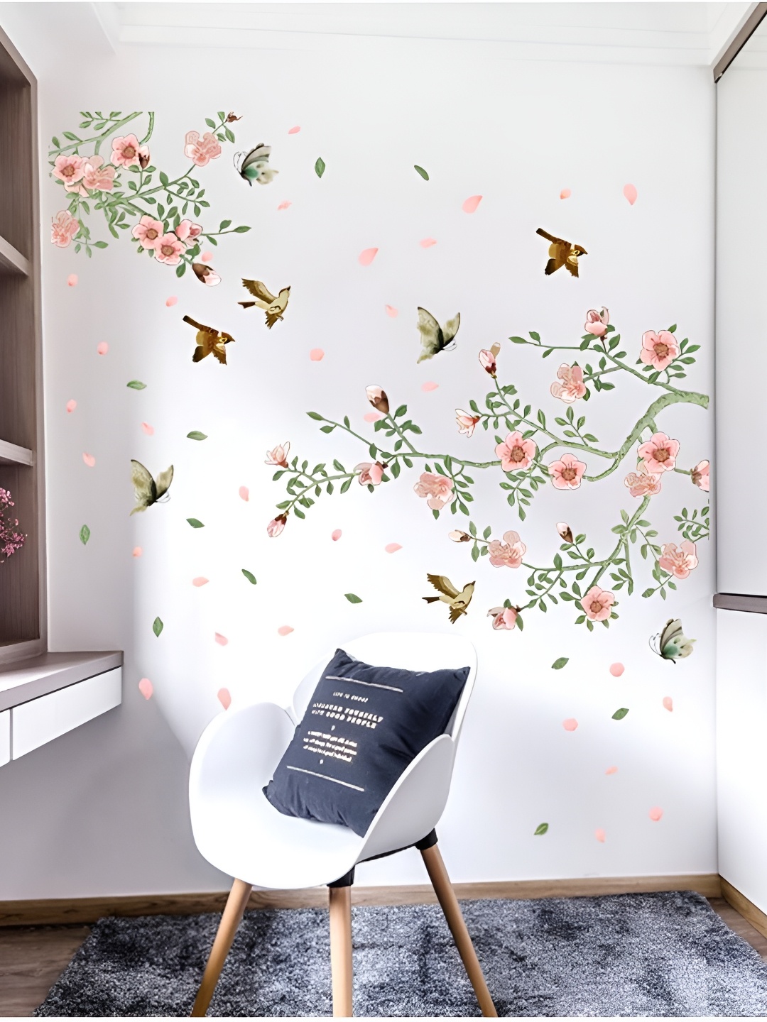 Jaamso Royals Green & Pink Floral Printed Self-Adhesive Removable Wall Sticker