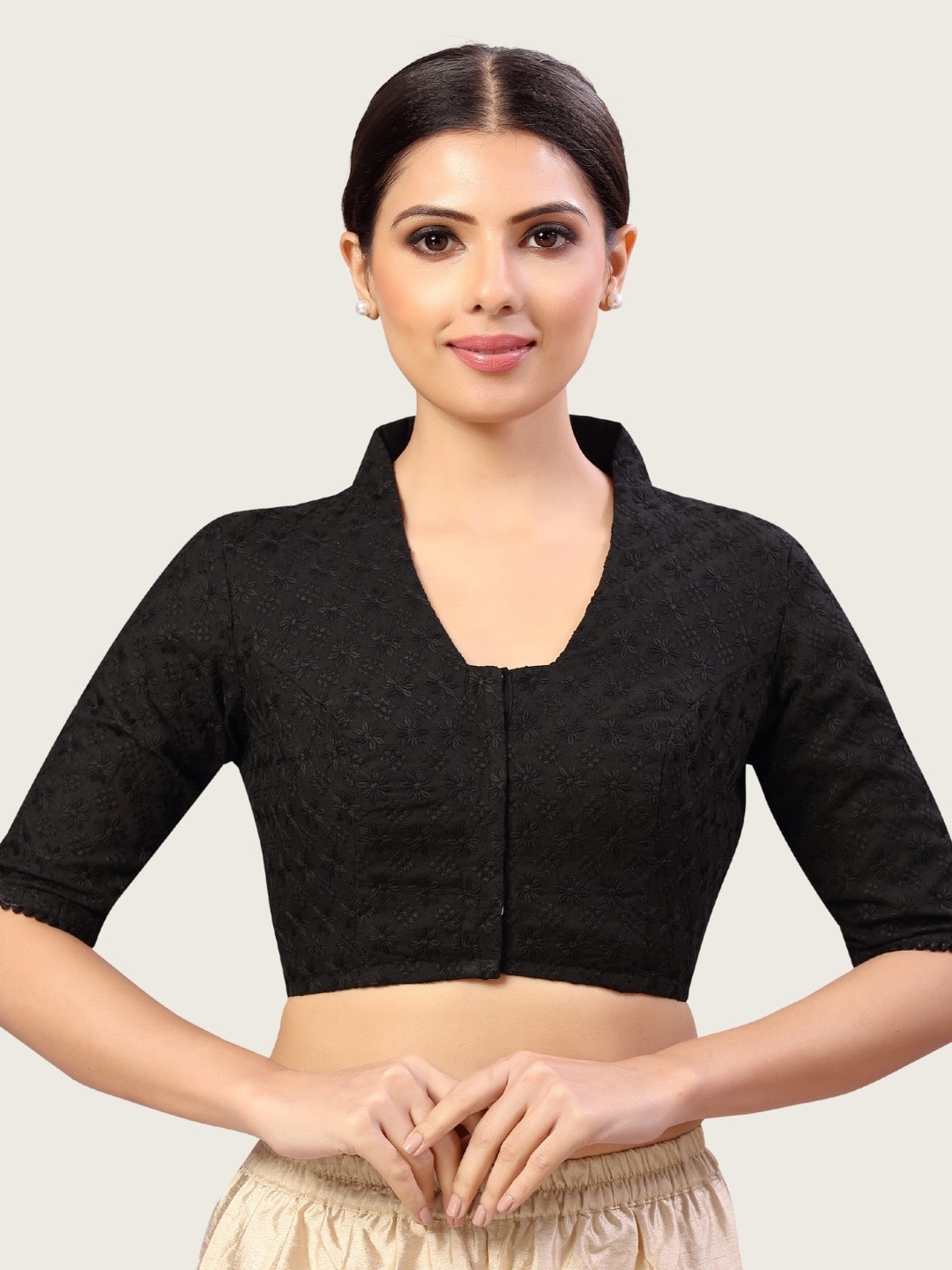 

Studio Shringaar Chikankari V-Neck Pure Cotton Saree Blouse, Black