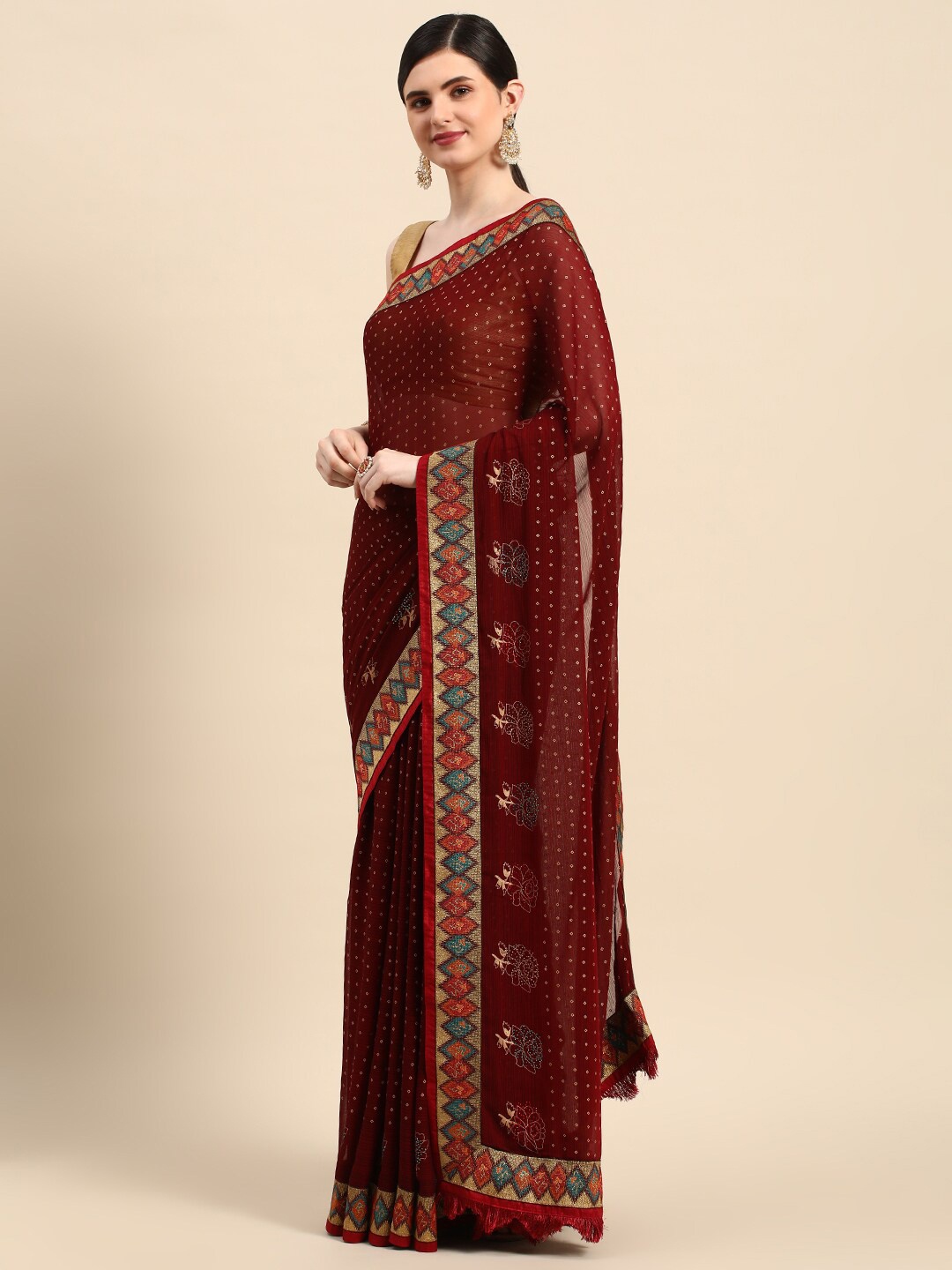 HERE&NOW Bandhani Zari Saree, Maroon