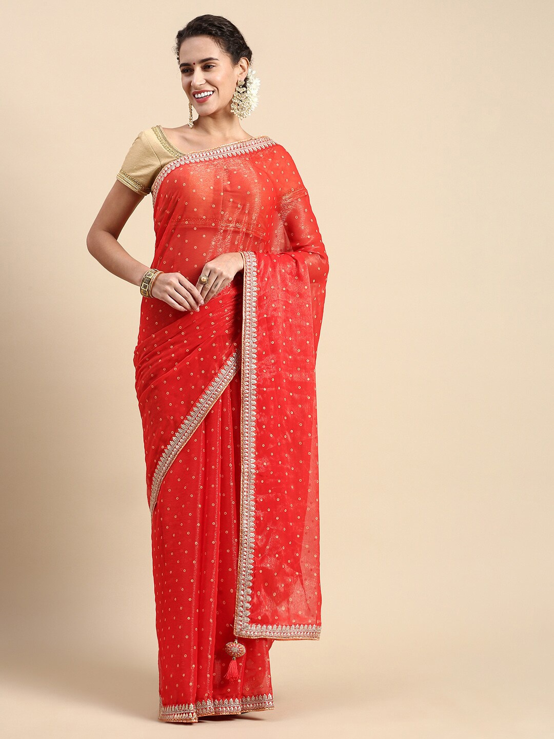 

HERE&NOW Bandhani Embroidered Pure Chiffon Saree, Red