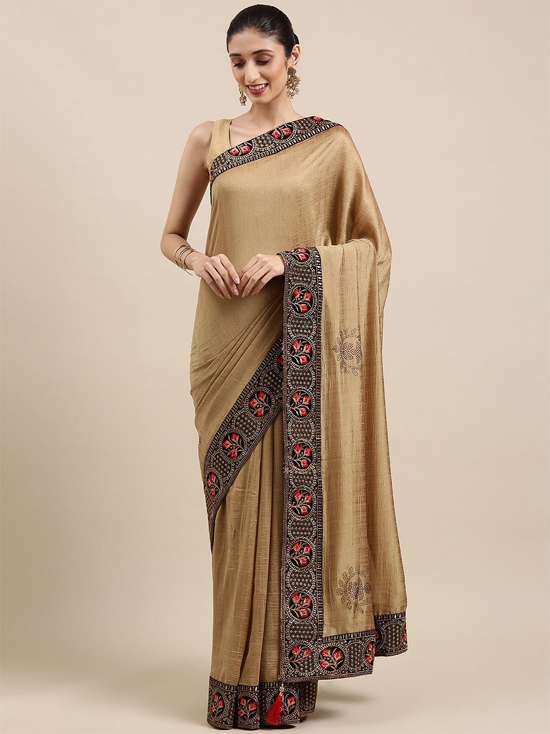 

HERE&NOW Embellished Zari Saree, Beige