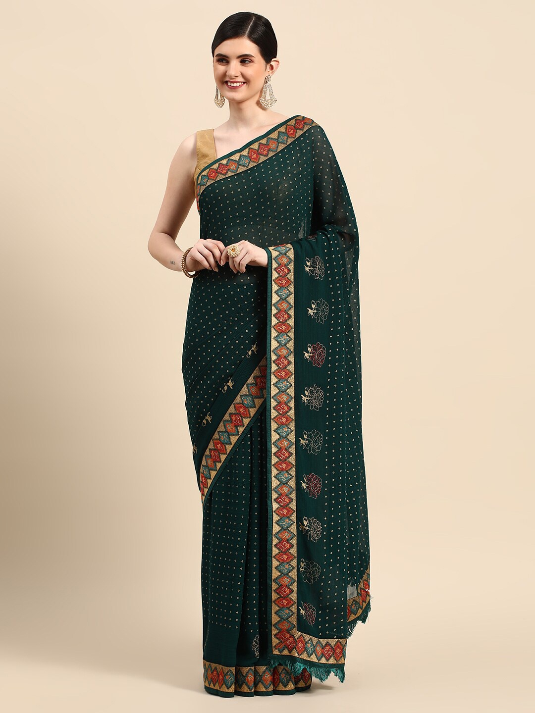 

HERE&NOW Ethnic Woven Design Zari Saree, Green
