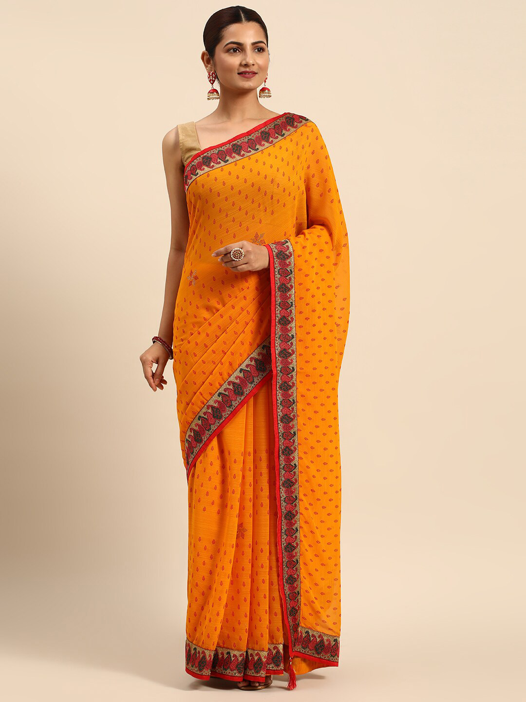 

HERE&NOW Floral Printed Zari Saree, Yellow