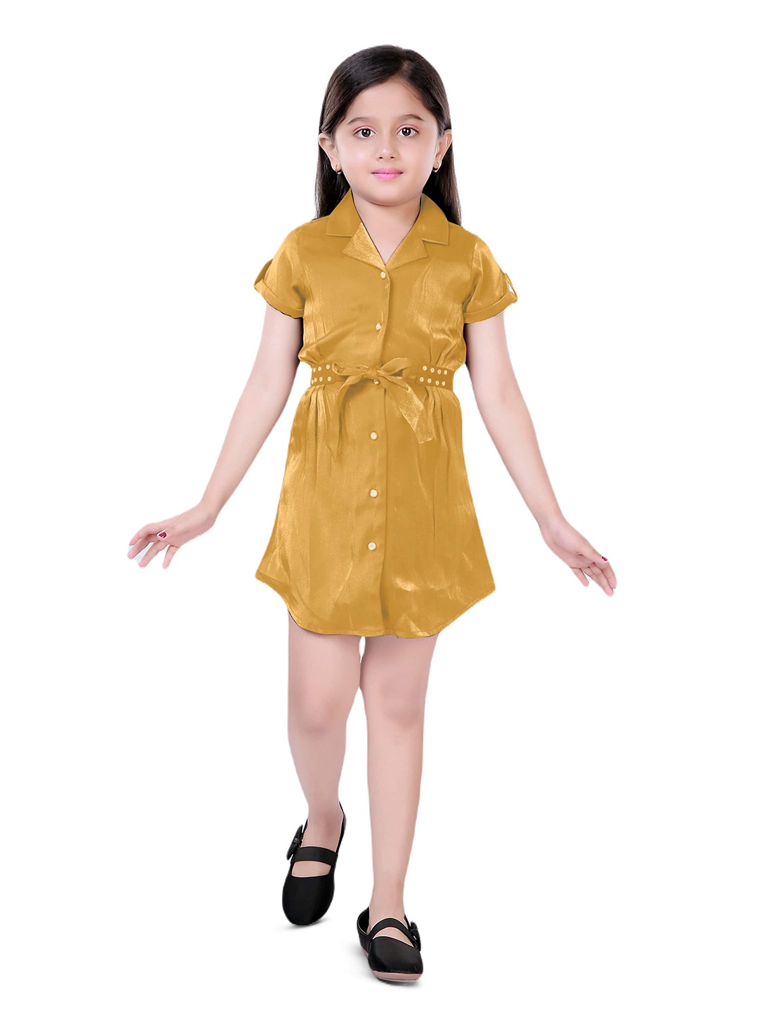 

Hunny Bunny Girls Roll Up Sleeves Satin Belted Shirt Dress, Yellow