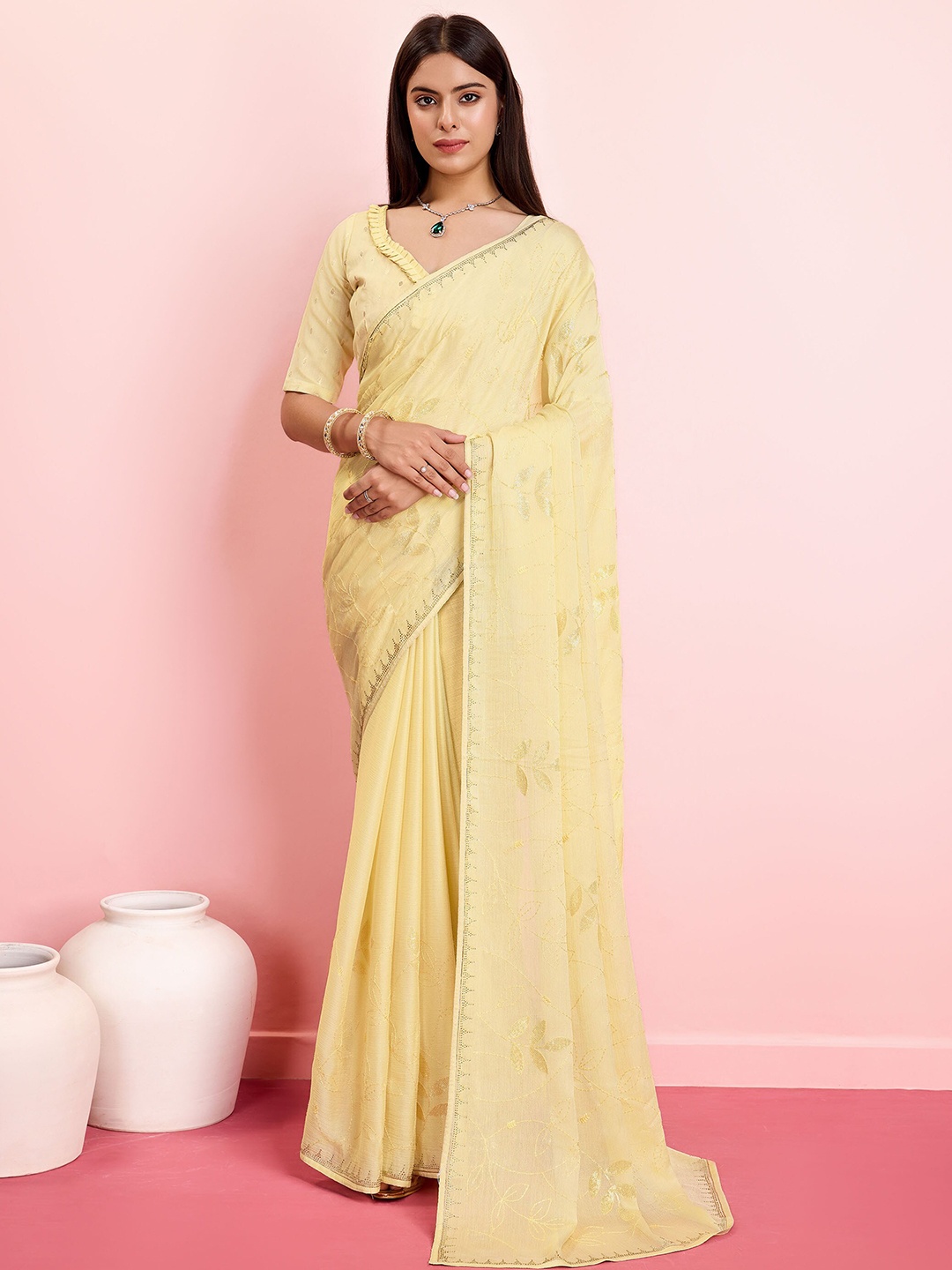 

Mitera Ethnic Motifs Sequinned Pure Chiffon Saree, Beige