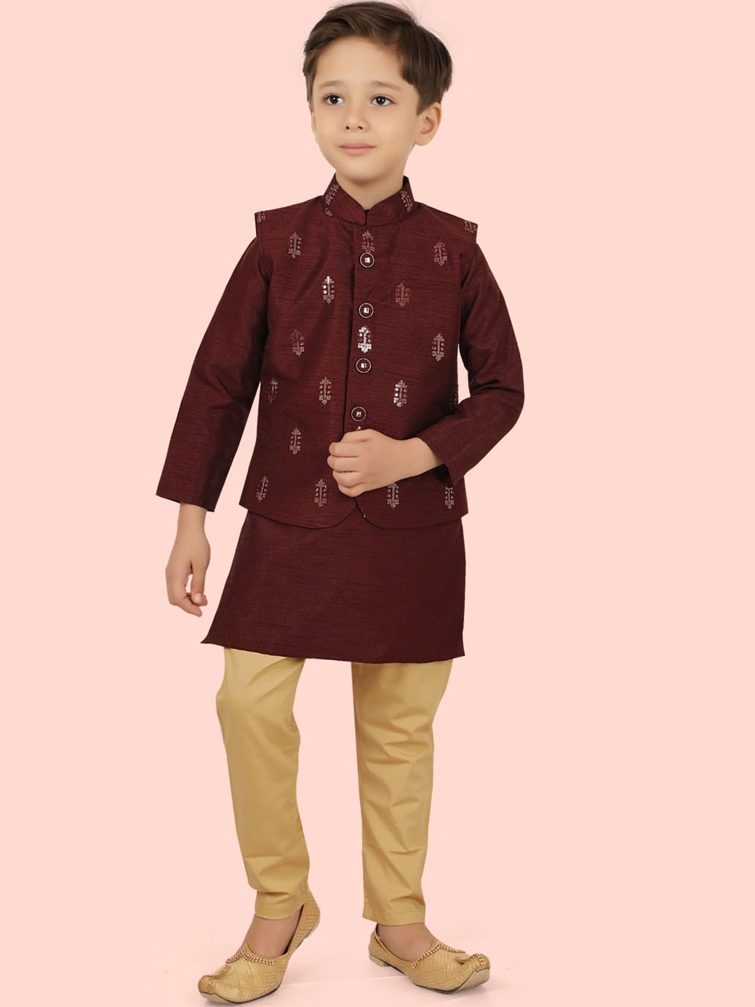 

Ethniks Neu-Ron Boys Band Collar Silk Chiffon Straight Kurta With Pyjama, Maroon