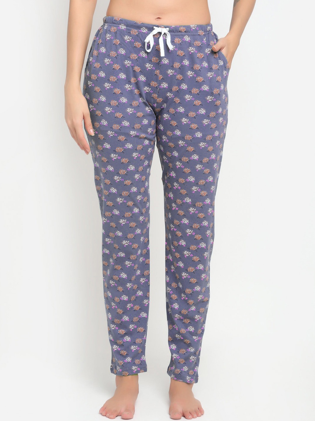 

Kanvin Women Floral Printed Mid-Rise Pure Cotton Lounge Pants, Purple