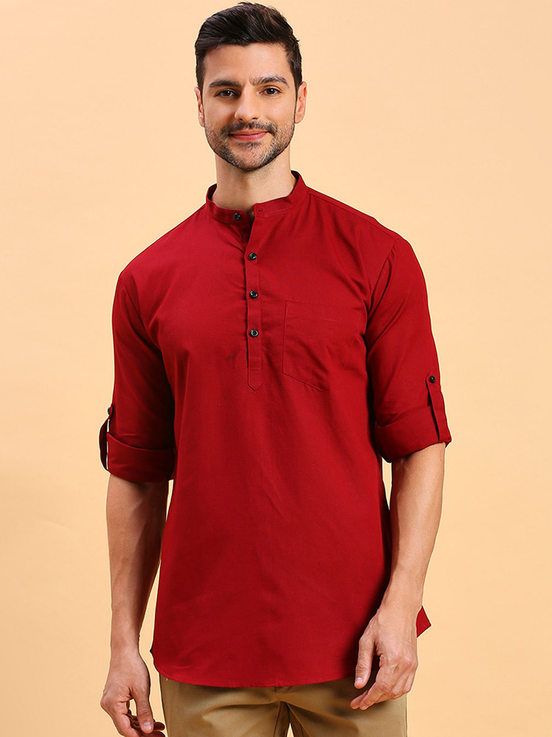 

RAJUBHAI HARGOVINDAS Mandarin Collar Roll-Up Sleeves Linen Straight Short Kurta, Maroon