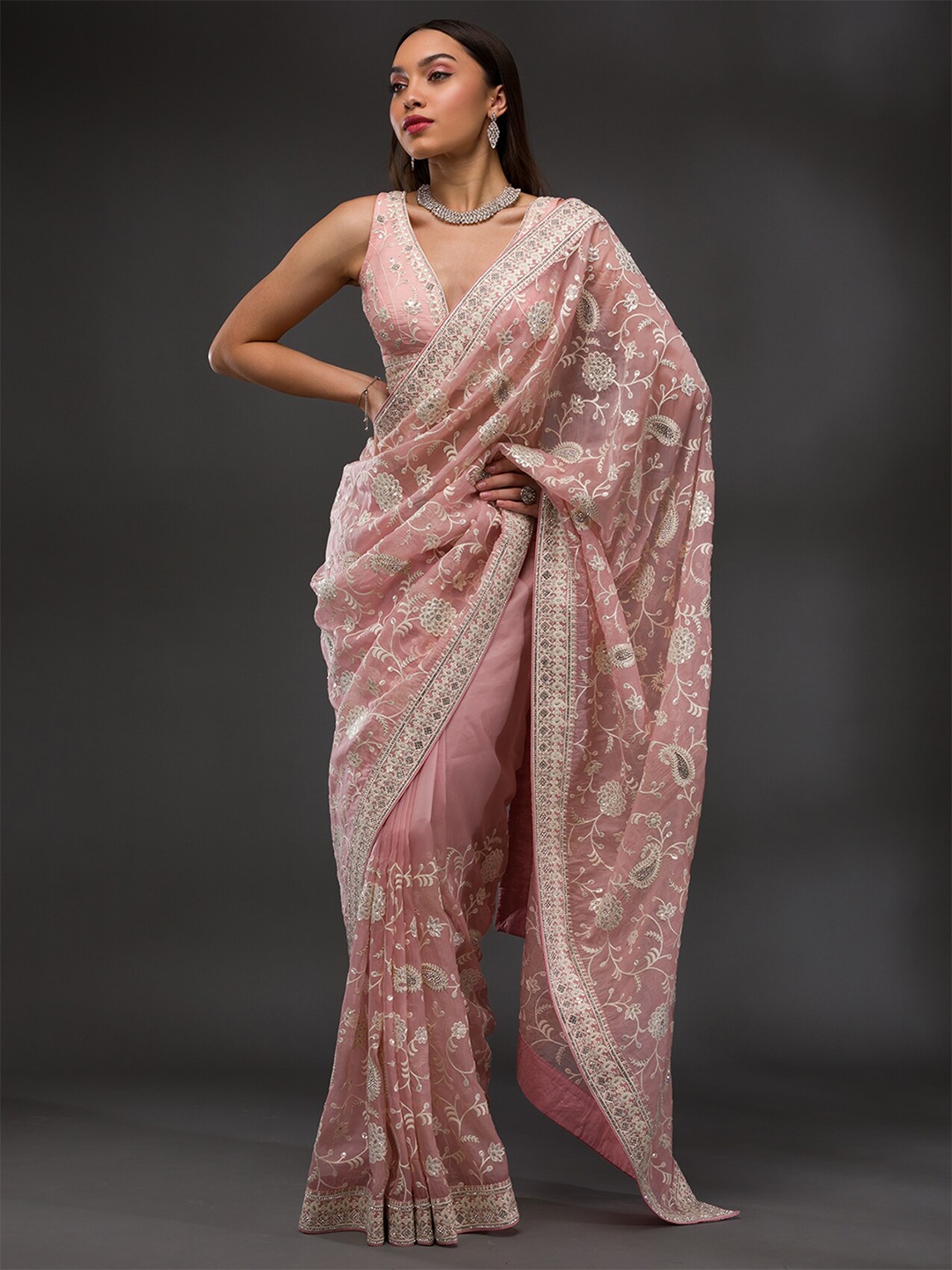 

Koskii Floral Embroidered Beads and Stones Tissue Saree, Pink