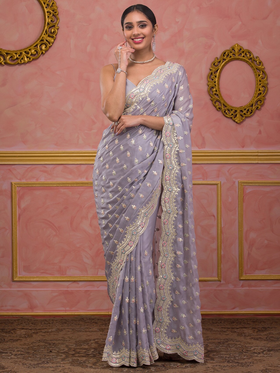 

Koskii Ethnic Motifs Gotta Patti Tissue Saree, Grey
