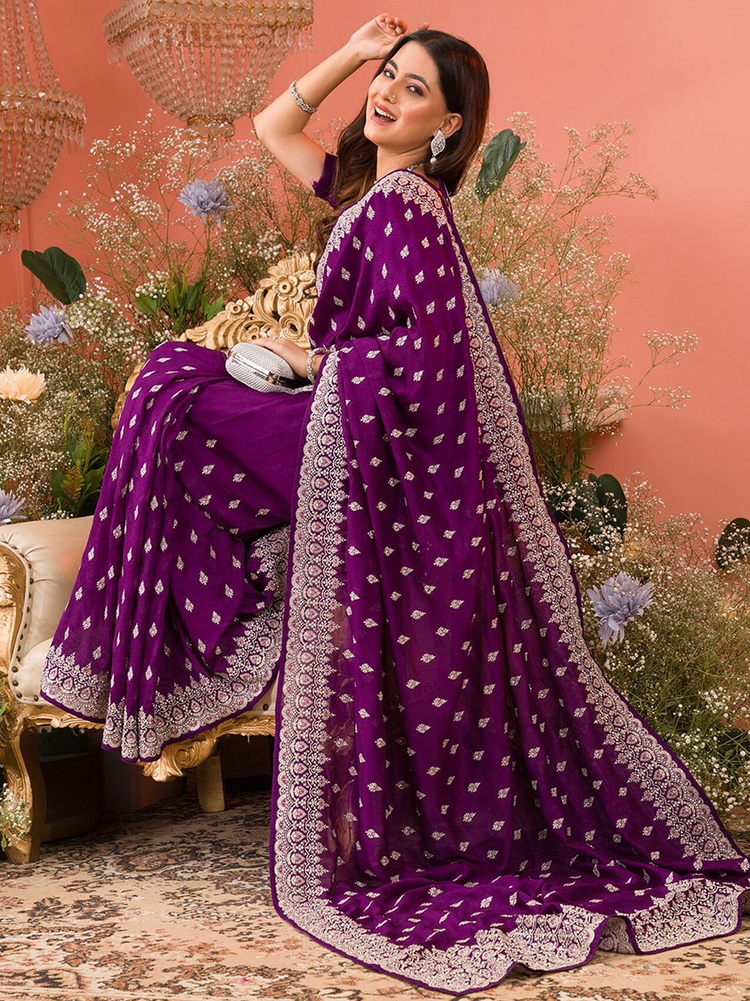 

Koskii Floral Embroidered Zari Art Silk Saree, Purple