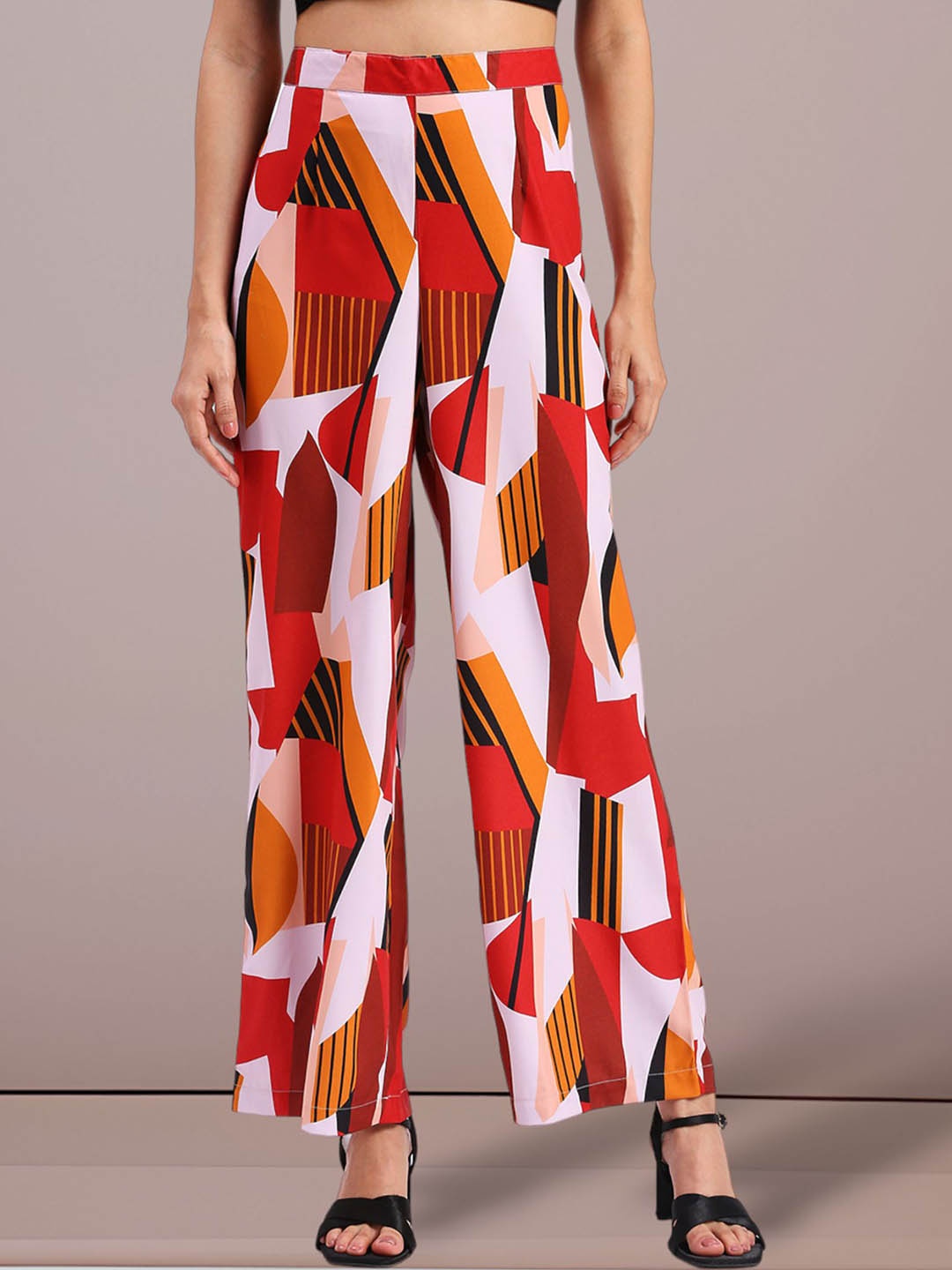 

FITHUB Women Printed Loose Fit High-Rise Parallel Trousers, Red