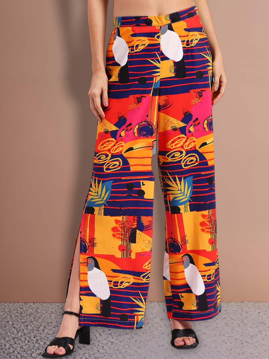 

FITHUB Women Abstract Printed Loose Fit High-Rise Trousers, Orange
