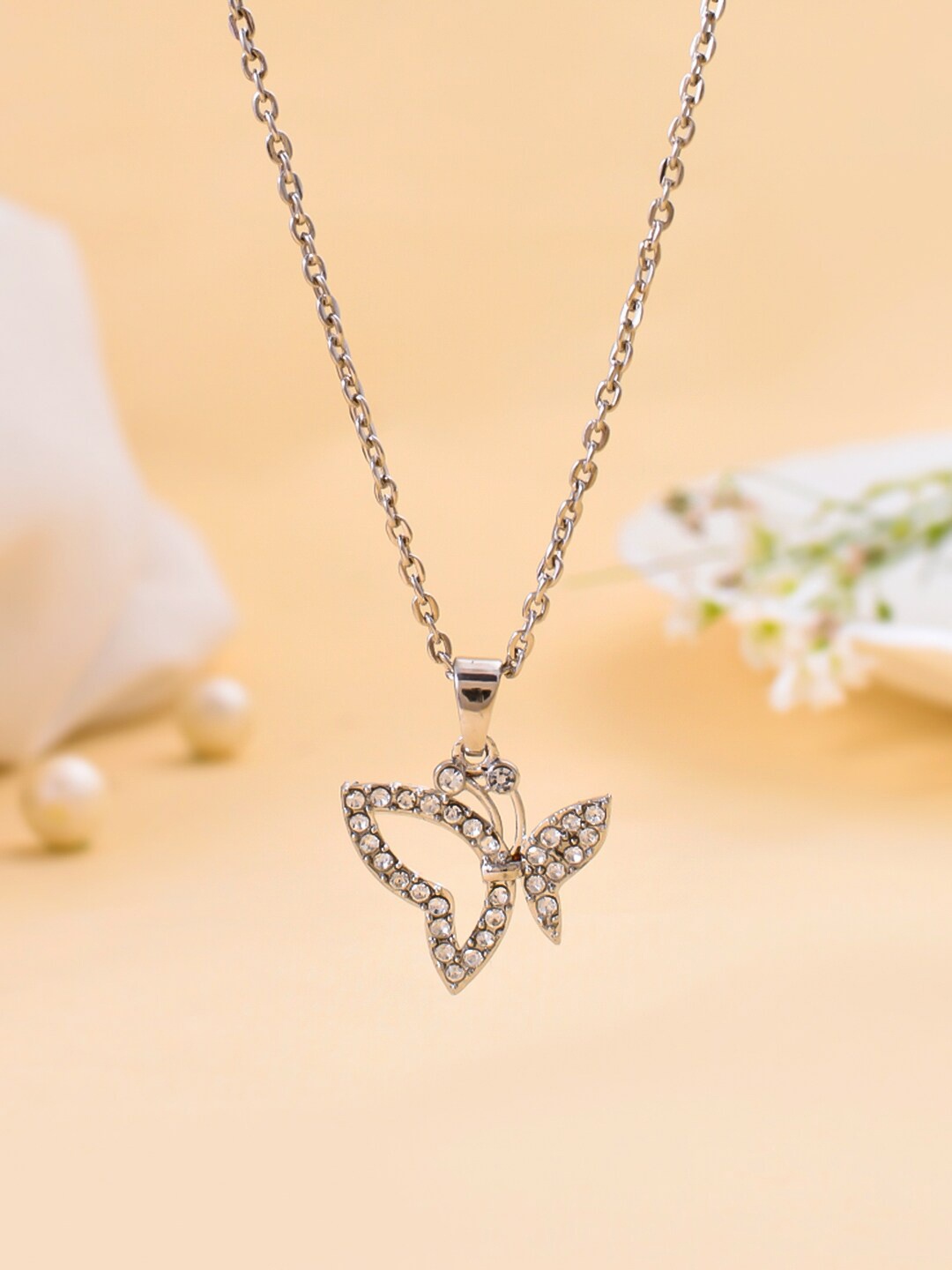 

Silvermerc Designs Silver-Plated Cubic Zirconia Studded Pendant With Chain