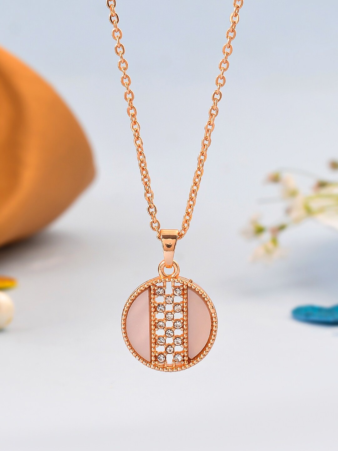 

Silvermerc Designs Rose Gold-Plated Cubic Zirconia Studded Circular Pendants with Chains