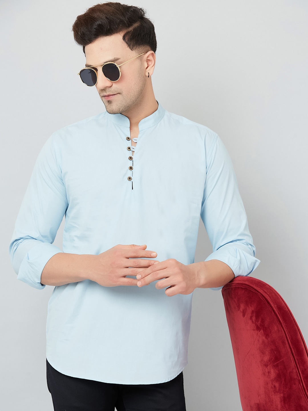 

LOUIS MONARCH Mandarin Collar Cotton Short Kurta, Blue