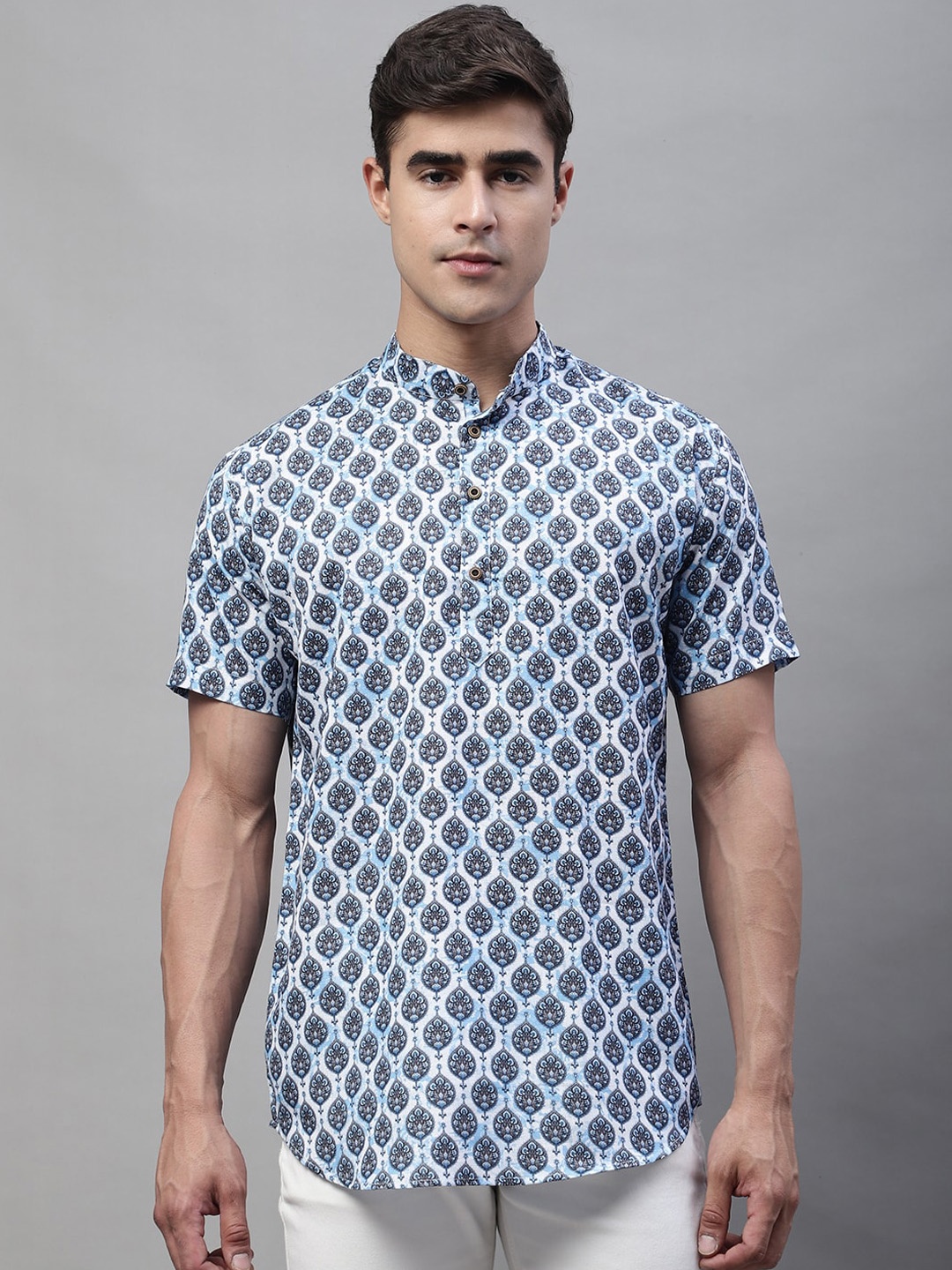 

LOUIS MONARCH Ethnic Motifs Printed Mandarin Collar Cotton Short Kurta, Grey