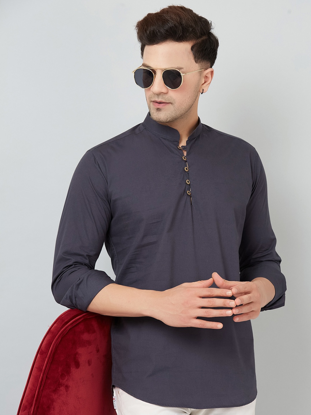 

LOUIS MONARCH Mandarin Collar Long Sleeves Cotton Slim Fit Short Kurta, Grey