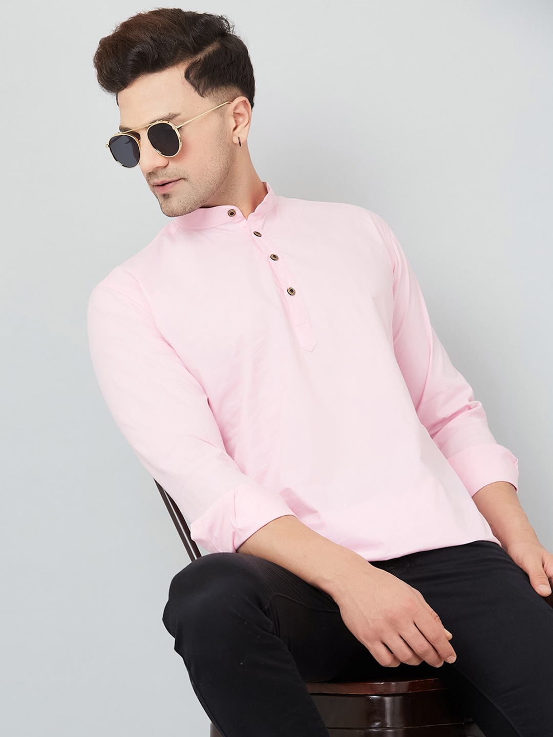 

LOUIS MONARCH Mandarin Collar Long Sleeves Cotton Slim Fit Short Kurta, Pink