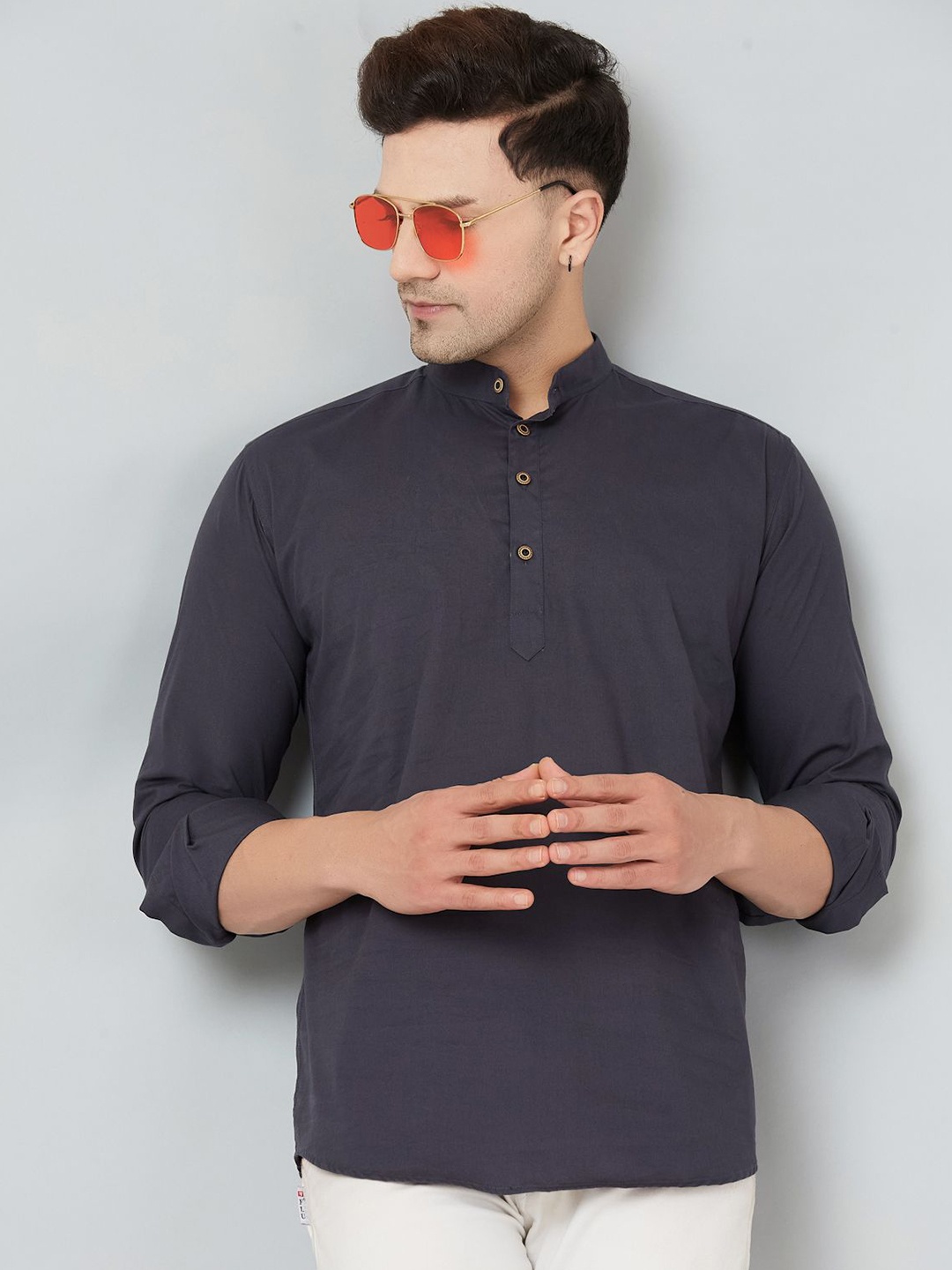 

LOUIS MONARCH Mandarin Collar Cotton Short Kurta, Grey