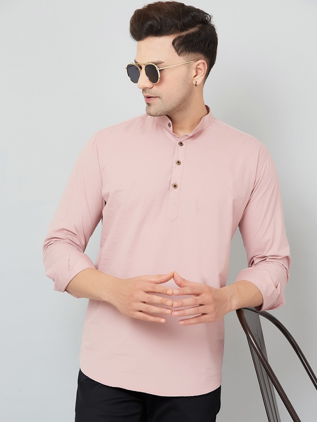 

LOUIS MONARCH Mandarin Collar Cotton Straight Short Kurta, Peach