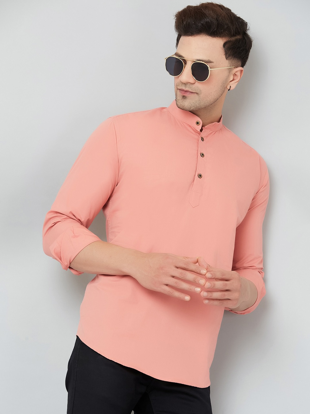 

LOUIS MONARCH Mandarin Collar Cotton Straight Short Kurta, Peach