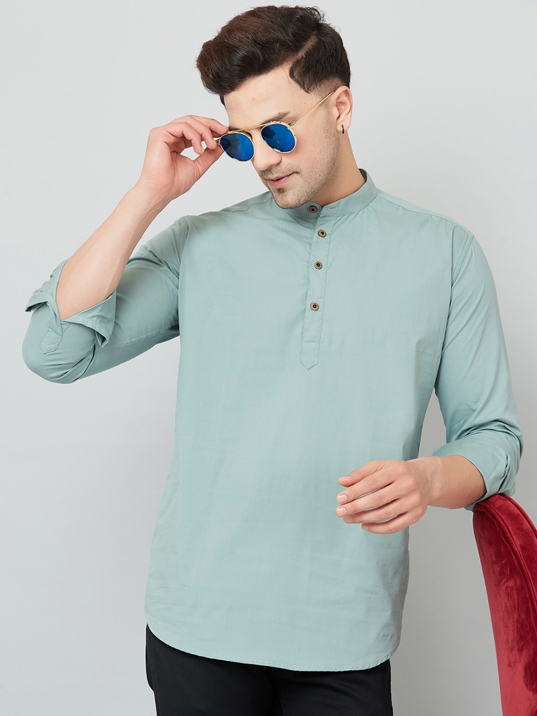 

LOUIS MONARCH Mandarin Collar Long Sleeves Cotton Slim Fit Short Kurta, Green