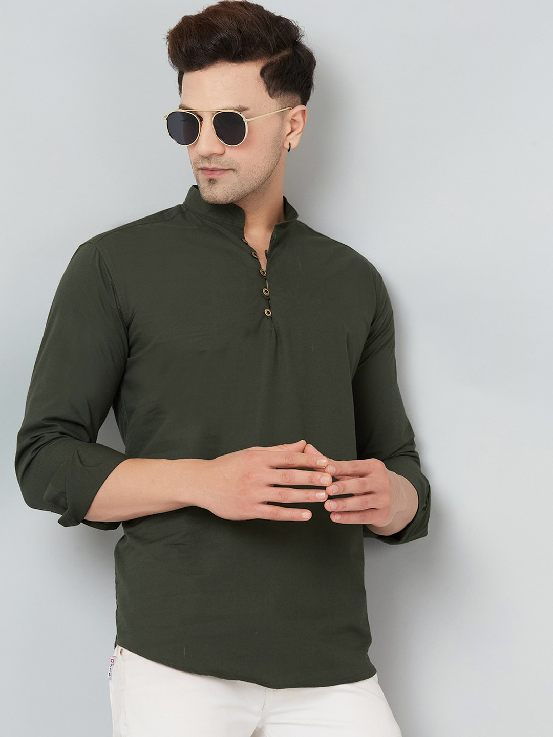

LOUIS MONARCH Mandarin Collar Cotton Straight Short Kurta, Green