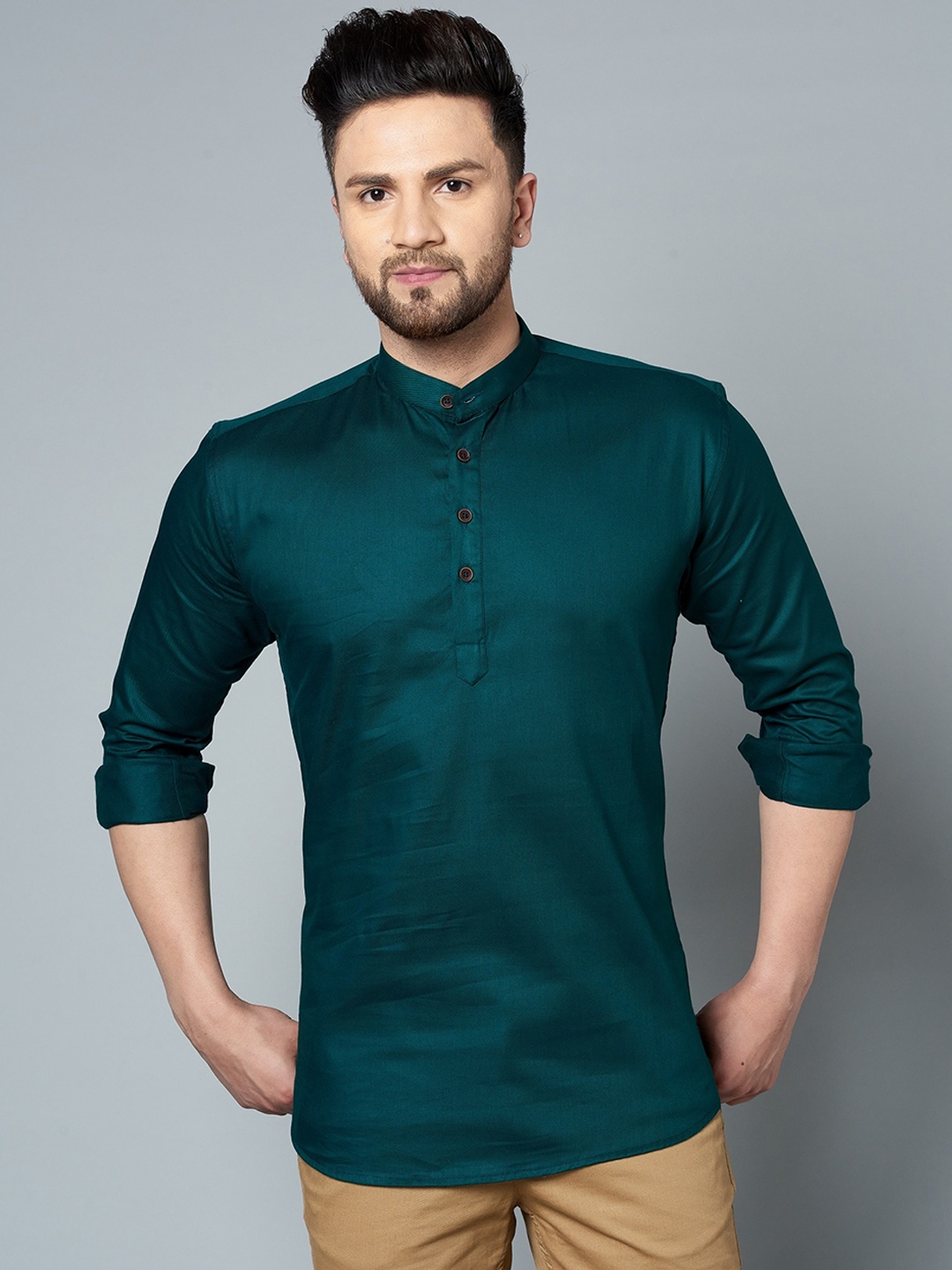

LOUIS MONARCH Mandarin Collar Cotton Straight Short Kurta, Green