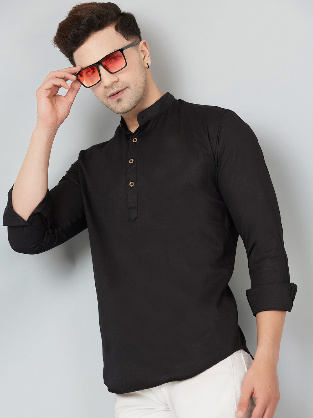 

LOUIS MONARCH Comfort Slim Fit Mandarin Collar Short Kurta, Black