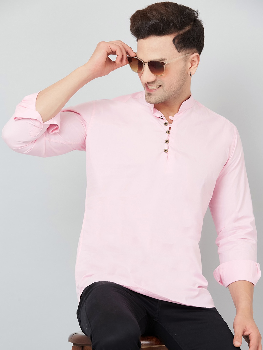 

LOUIS MONARCH Mandarin Collar Long Sleeves Comfort Slim Fit Straight Short Kurta, Pink