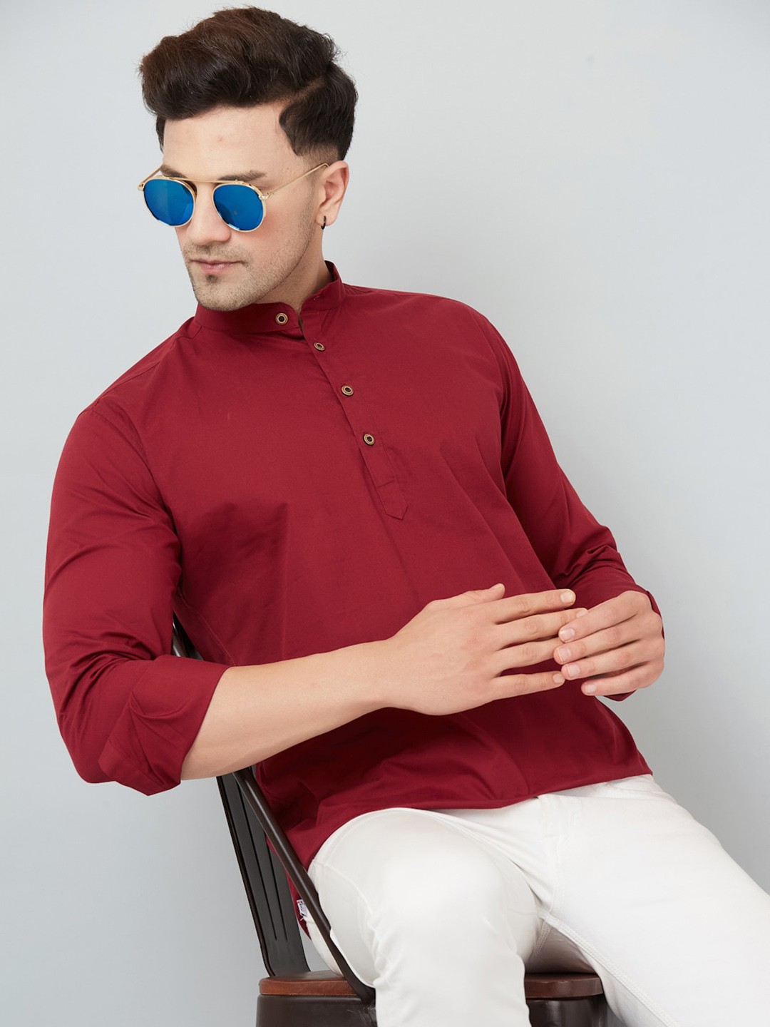 

LOUIS MONARCH Mandarin Collar Long Sleeves Comfort Slim Fit Straight Short Kurta, Maroon