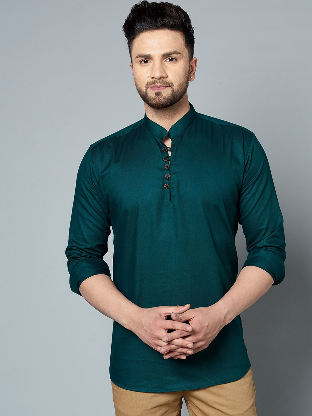 

LOUIS MONARCH Comfort Slim Fit Mandarin Collar Cotton Short Kurta, Green