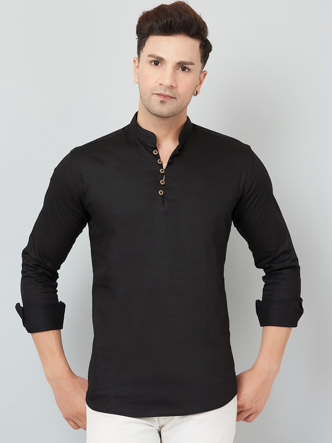 

LOUIS MONARCH Mandarin Collar Long Sleeves Comfort Slim Fit Straight Short Kurta, Black