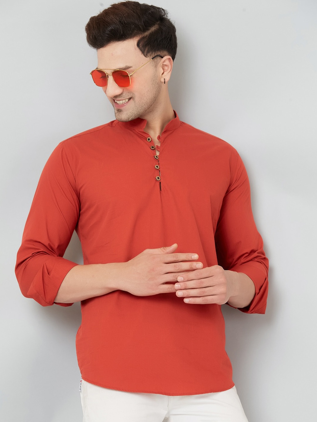 

LOUIS MONARCH Long Sleeves Mandarin Collar Thread Work Kurta, Orange
