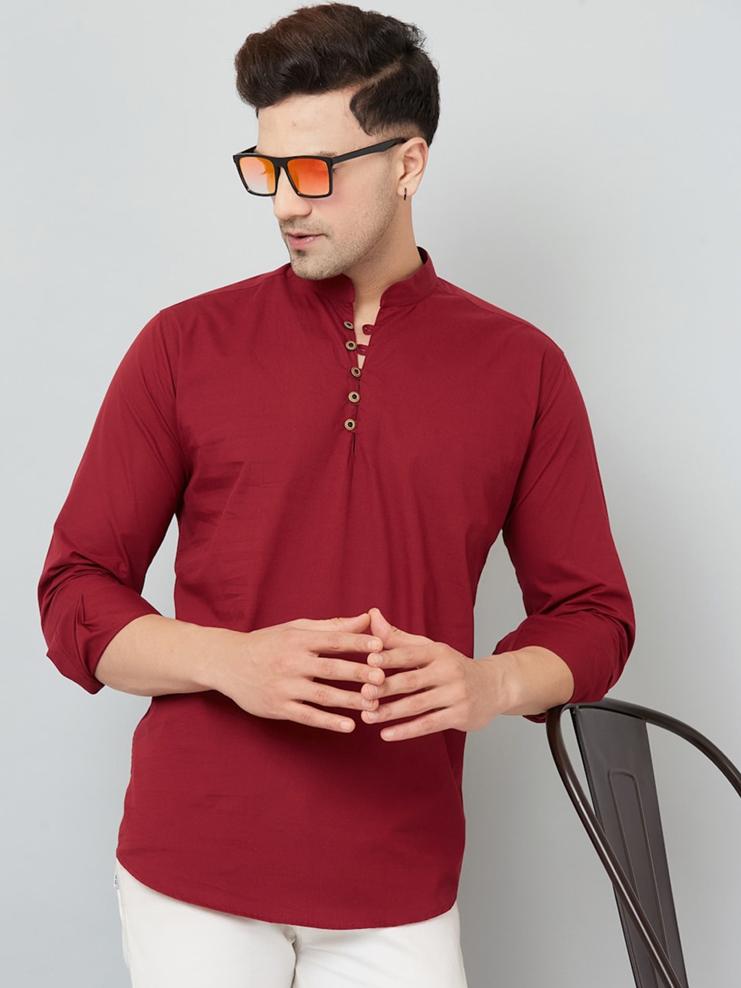 

LOUIS MONARCH Comfort Slim Fit Mandarin Collar Cotton Short Kurta, Maroon