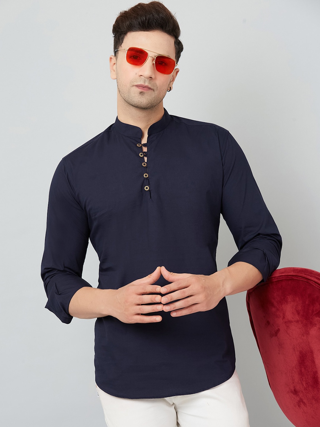 

LOUIS MONARCH Comfort Slim Fit Mandarin Collar Cotton Short Kurta, Navy blue