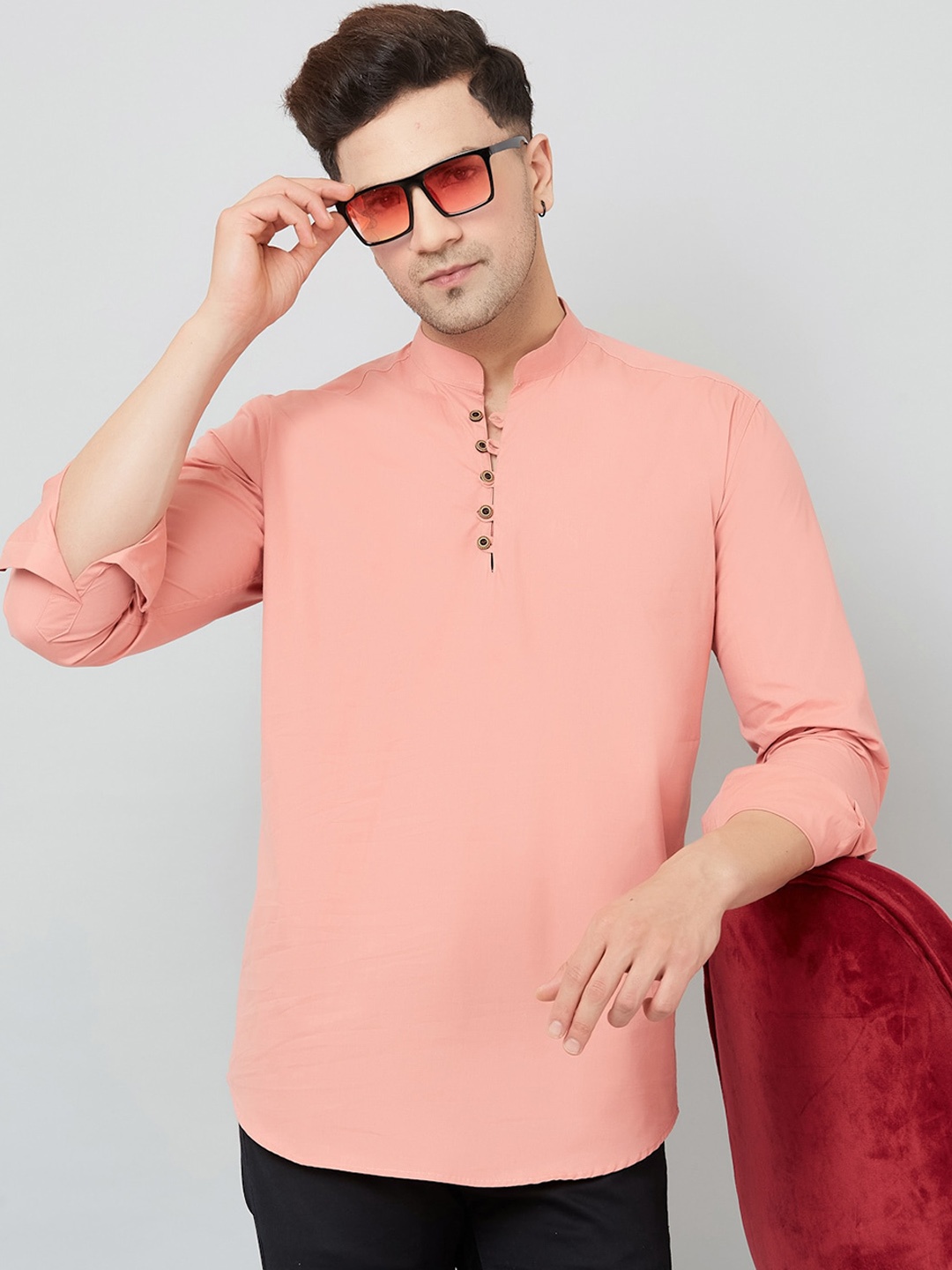 

LOUIS MONARCH Comfort Slim Fit Mandarin Collar Cotton Short Kurta, Peach